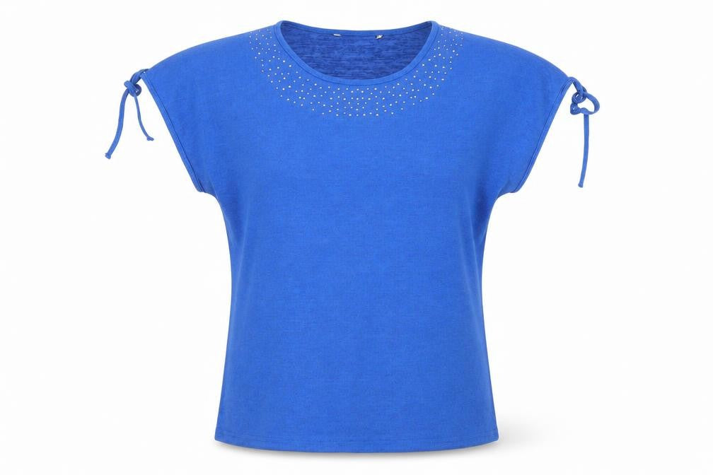 Bonmarché Women Blue Size 14 Studded Round Neck T-Shirt