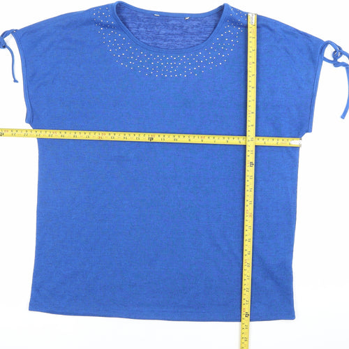 Bonmarché Women Blue Size 14 Studded Round Neck T-Shirt