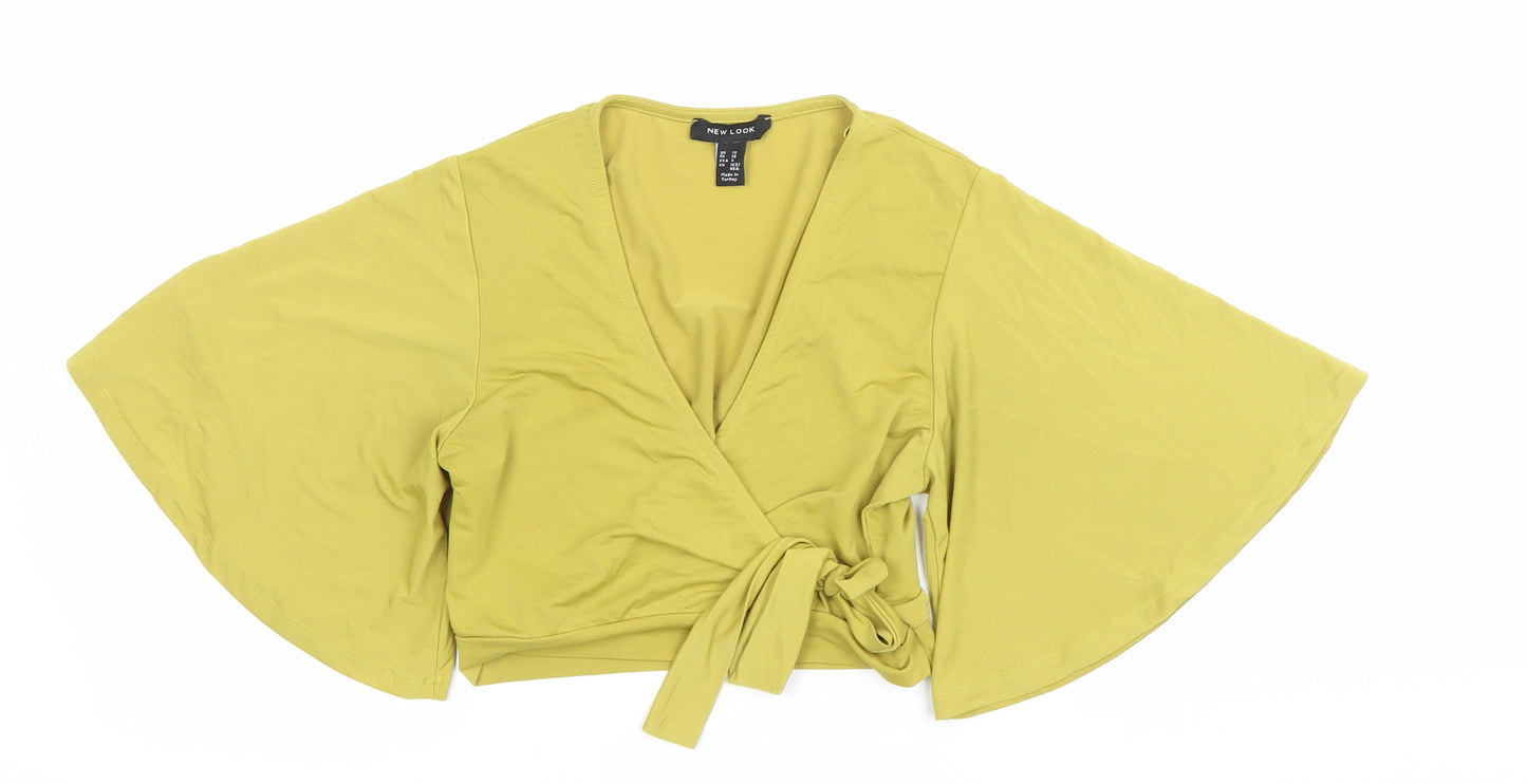 New Look Women’s Yellow Wrap Blouse UK 10 Kimono Sleeve V-Neck