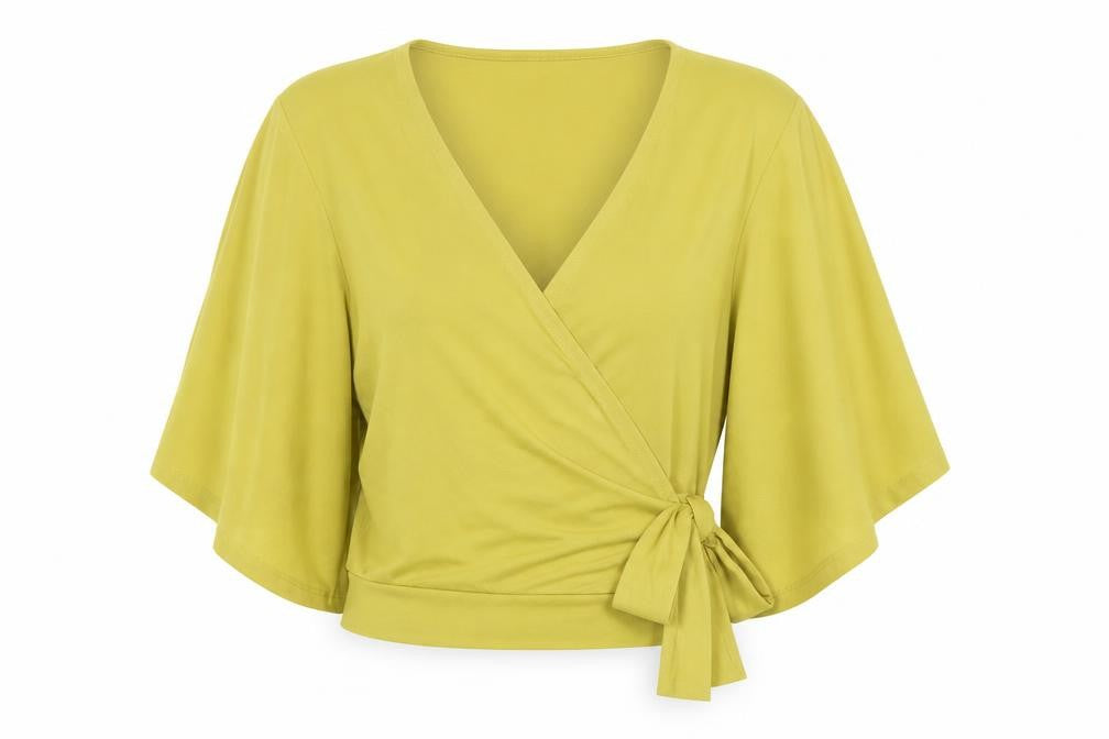 New Look Women’s Yellow Wrap Blouse UK 10 Kimono Sleeve V-Neck