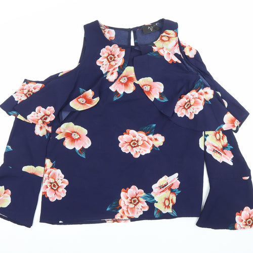 AX Paris Womens Blue Floral Ruffle Blouse Size 16 Cold Shoulder Top
