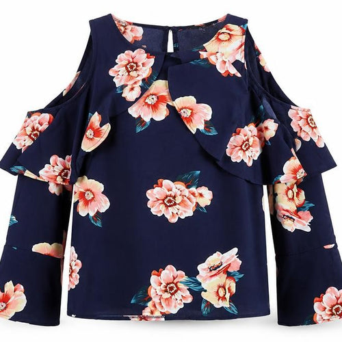 AX Paris Womens Blue Floral Ruffle Blouse Size 16 Cold Shoulder Top