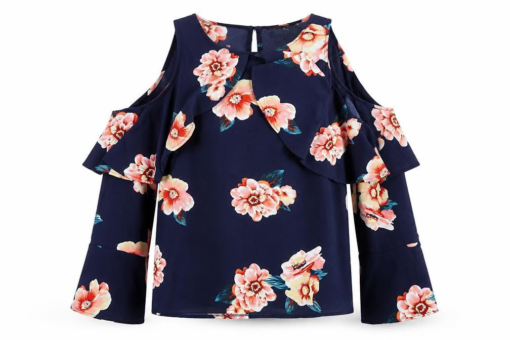 AX Paris Womens Blue Floral Ruffle Blouse Size 16 Cold Shoulder Top