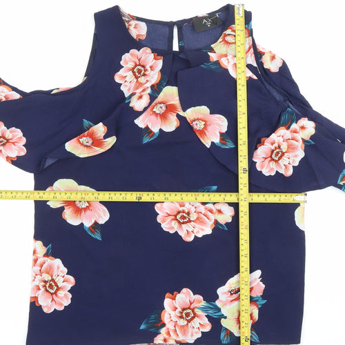 AX Paris Womens Blue Floral Ruffle Blouse Size 16 Cold Shoulder Top