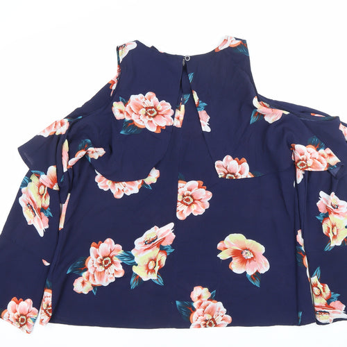 AX Paris Womens Blue Floral Ruffle Blouse Size 16 Cold Shoulder Top