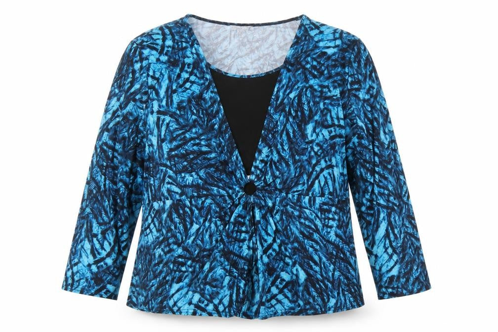 Front view of Annabelle women’s blue abstract v-neck tunic blouse, size UK 20