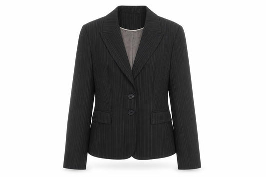 Front view of Next women’s black pinstripe blazer, size UK 12, tailored jacket