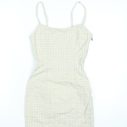 H&M Women Beige Check Bodycon Dress Size 6 Cotton Blend Sleeveless