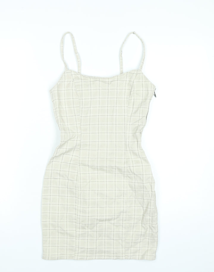 H&M Women Beige Check Bodycon Dress Size 6 Cotton Blend Sleeveless