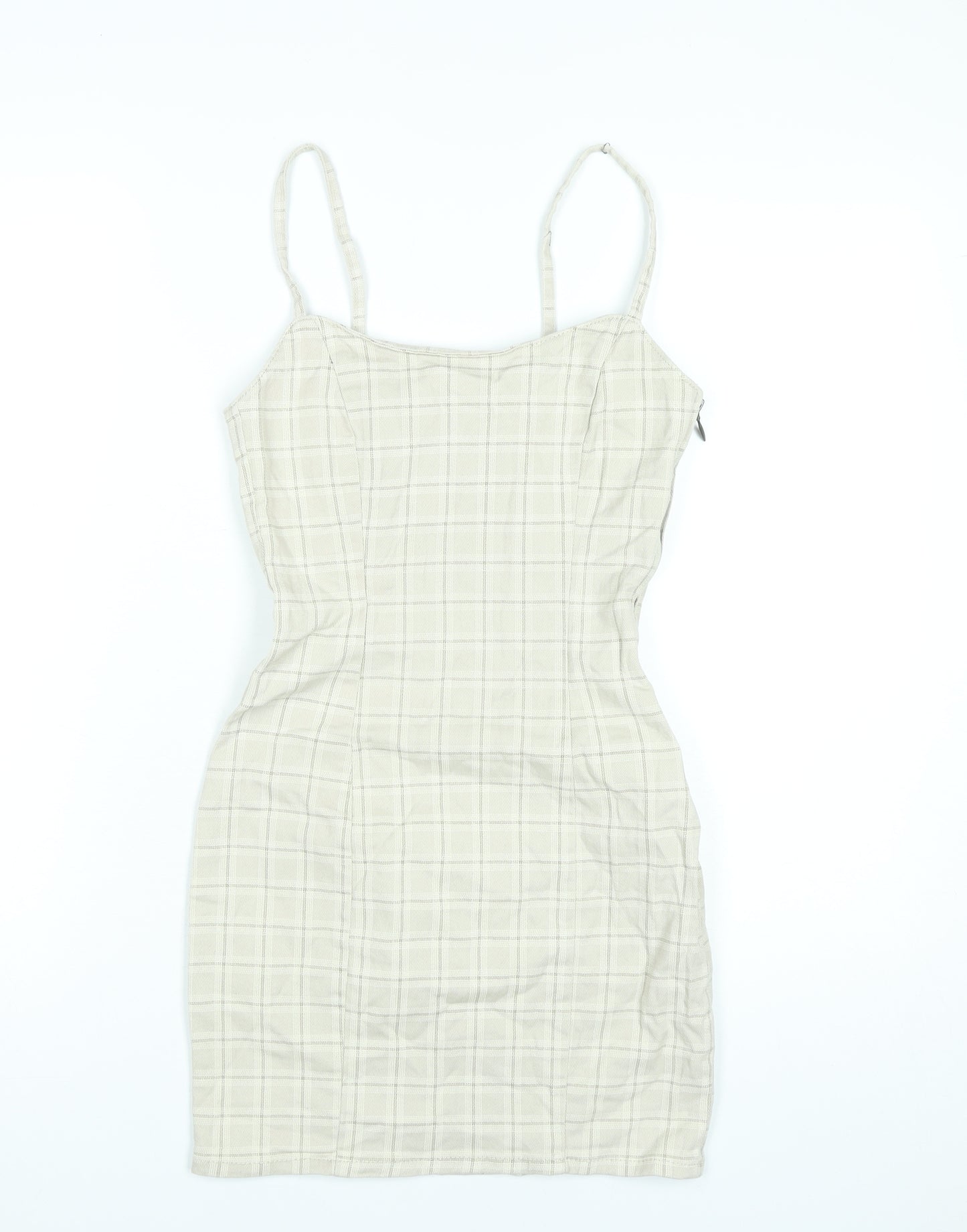 H&M Women Beige Check Bodycon Dress Size 6 Cotton Blend Sleeveless