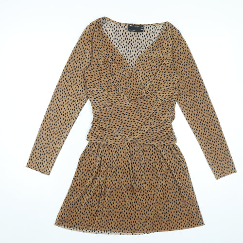 ASOS Women’s Brown Polka Dot Wrap Dress Size 8 Long Sleeve Short