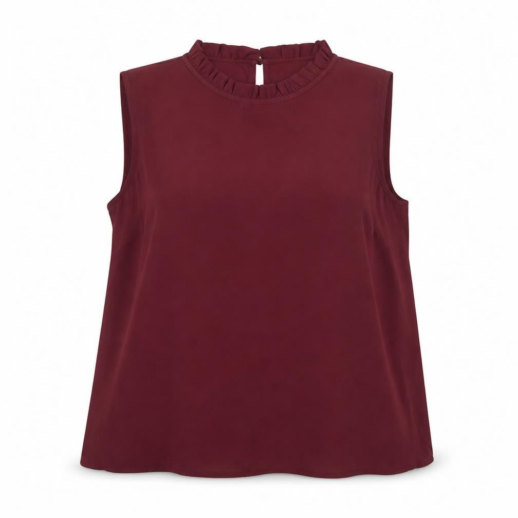 Front view of New Look Women's Red High Neck Ruffle Blouse, size 12, Sleeveless