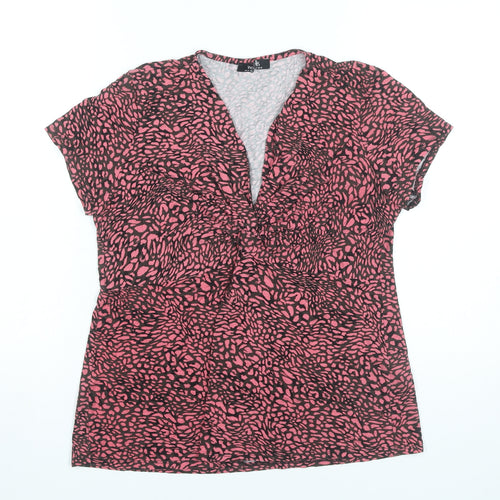 Wallis Womens Pink Animal Print Blouse UK 14 V-Neck Short Sleeve