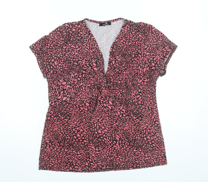 Wallis Womens Pink Animal Print Blouse UK 14 V-Neck Short Sleeve