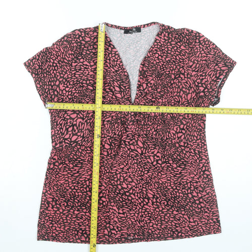 Wallis Womens Pink Animal Print Blouse UK 14 V-Neck Short Sleeve