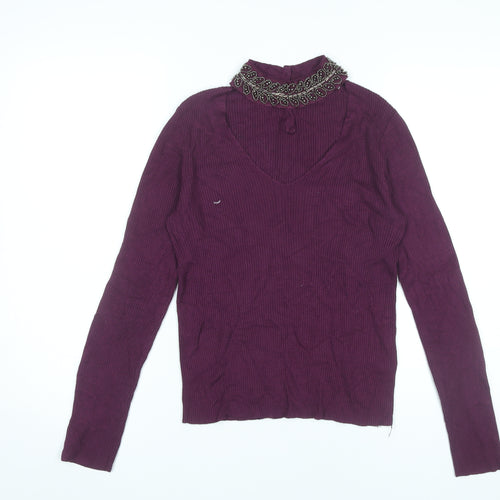 Oasis Womens Purple Beaded V-Neck Jumper Size 8 Long Sleeve Knitwear