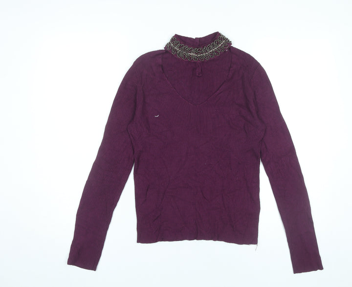 Oasis Womens Purple Beaded V-Neck Jumper Size 8 Long Sleeve Knitwear