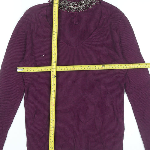 Oasis Womens Purple Beaded V-Neck Jumper Size 8 Long Sleeve Knitwear