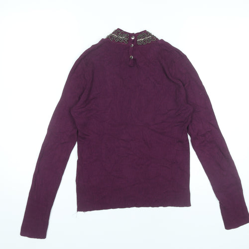 Oasis Womens Purple Beaded V-Neck Jumper Size 8 Long Sleeve Knitwear