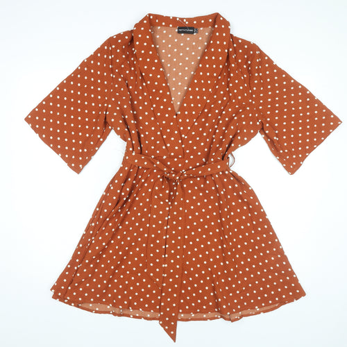 PrettyLittleThing Women Brown Polka Dot Wrap Dress Size 10