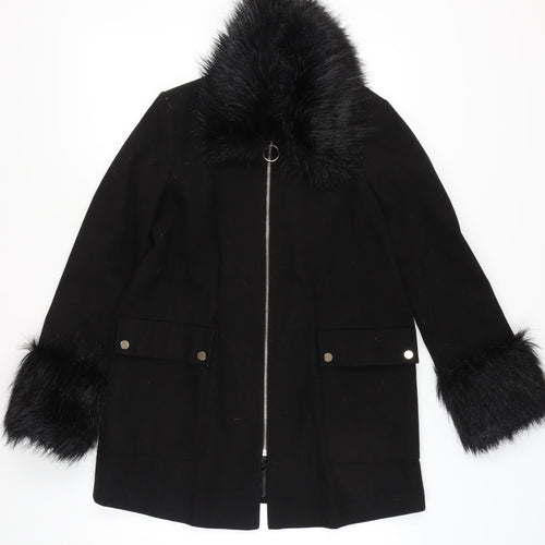 Miss Selfridge Women’s Black Faux Fur Trim Coat UK 10