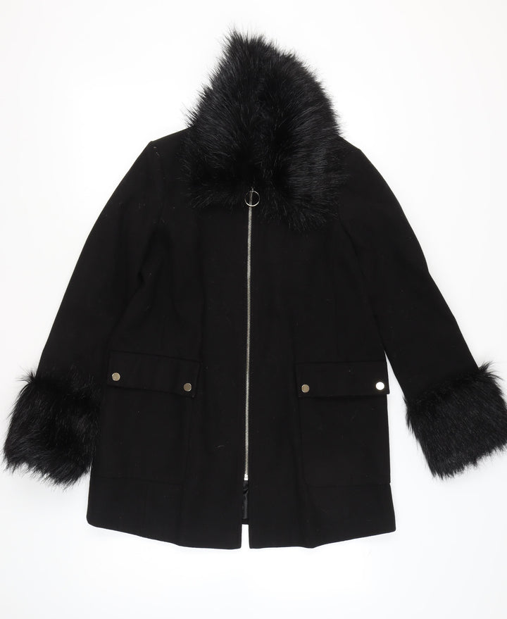 Miss Selfridge Women’s Black Faux Fur Trim Coat UK 10
