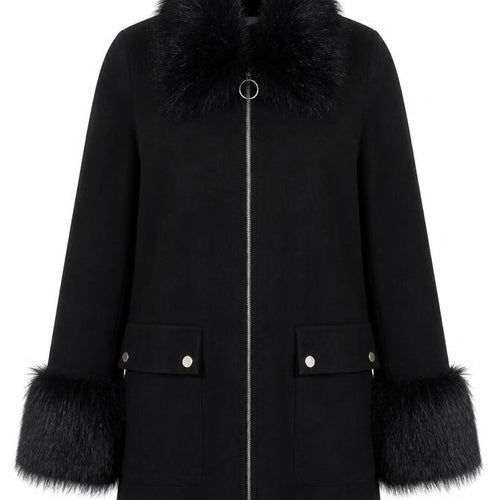 Miss Selfridge Women’s Black Faux Fur Trim Coat UK 10