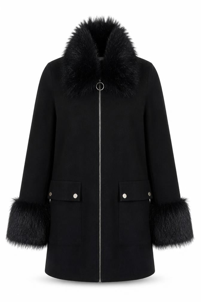 Miss Selfridge Women’s Black Faux Fur Trim Coat UK 10