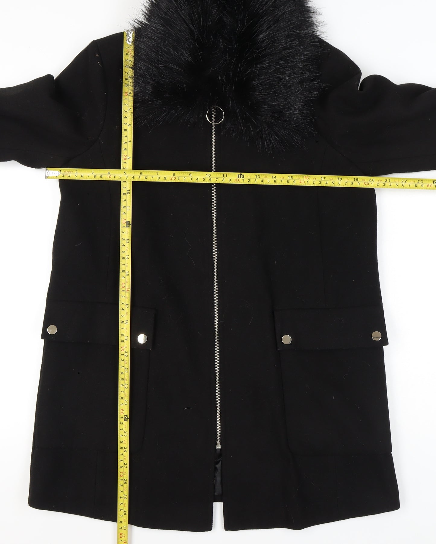 Miss Selfridge Women’s Black Faux Fur Trim Coat UK 10