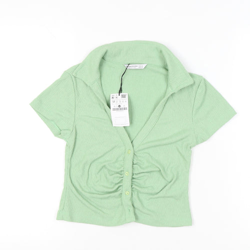 Stradivarius Women’s Green Cropped Collared Button-Up Top Size 12