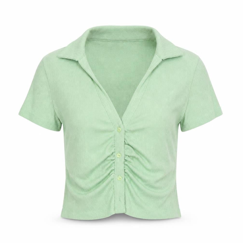 Front view of Stradivarius Women’s Green Cropped Collared Button-Up Top, size UK 12