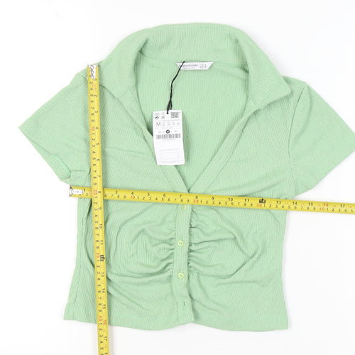 Stradivarius Women’s Green Cropped Collared Button-Up Top Size 12
