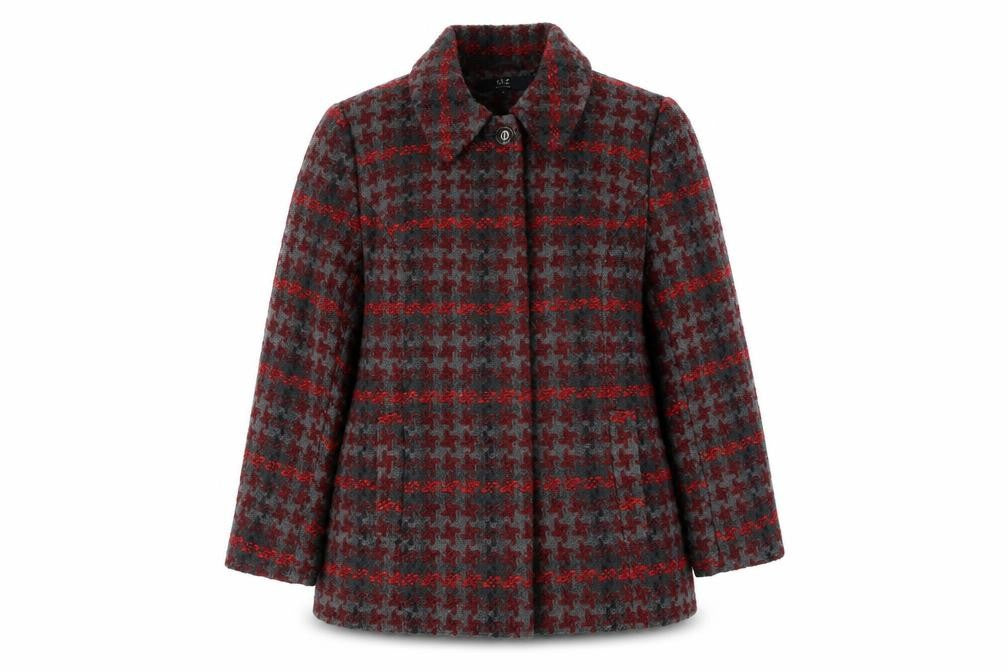 Front view of Isle Collection women’s grey red houndstooth coat, size UK 18