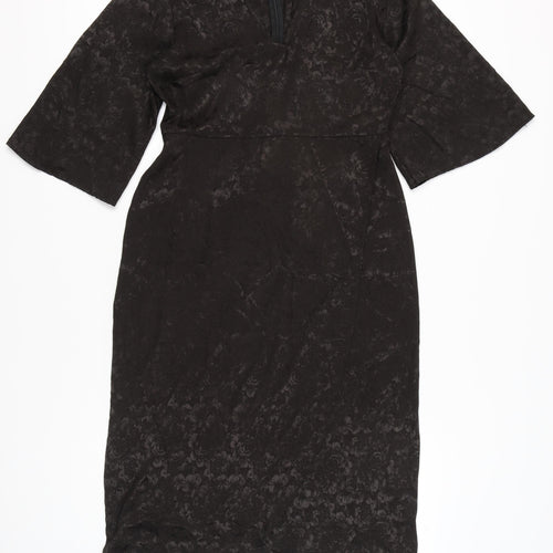 Next Women’s Black Jacquard Sheath Dress Size 12 V-Neck Belted