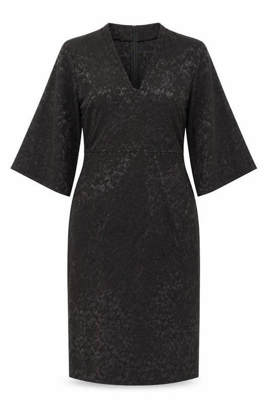 Front view of Next Women’s Black Jacquard Sheath Dress, size UK 12, V-Neck Belted