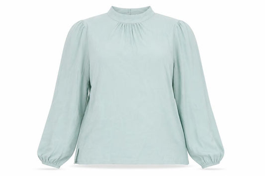 Front view of ICHI women’s blue long sleeve high neck blouse, size UK 8