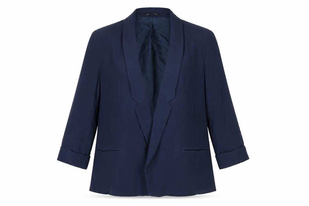 Front view of French Connection women’s blue, size UK 14, shawl lapel blazer jacket