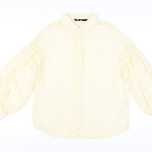 Zara Women’s Beige Floral Embroidered Balloon Sleeve Blouse Size 12
