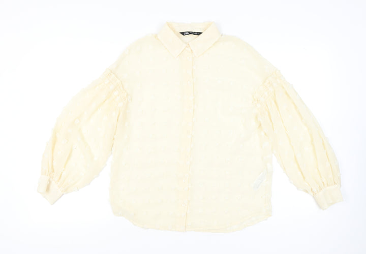 Zara Women’s Beige Floral Embroidered Balloon Sleeve Blouse Size 12