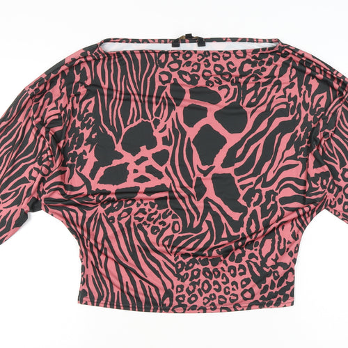 Lipsy Women’s Pink Animal Print Cropped Blouse UK 2 Boat Neck