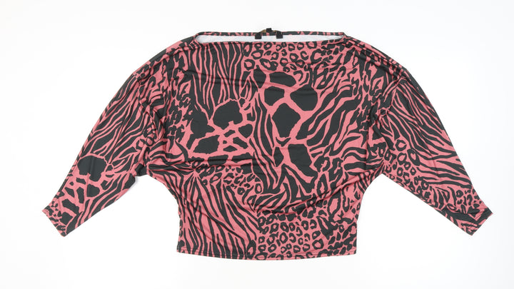 Lipsy Women’s Pink Animal Print Cropped Blouse UK 2 Boat Neck