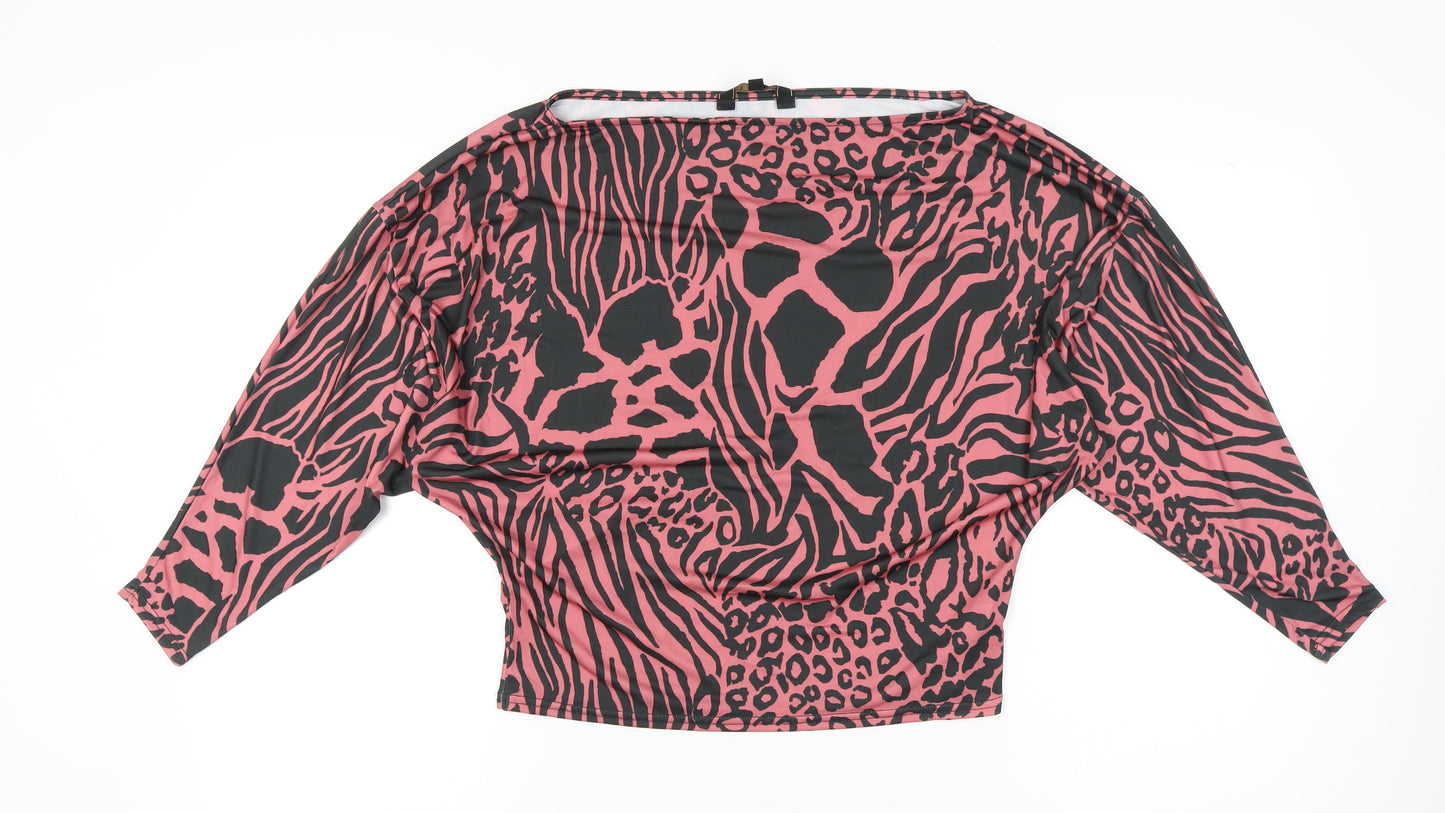 Lipsy Women’s Pink Animal Print Cropped Blouse UK 2 Boat Neck