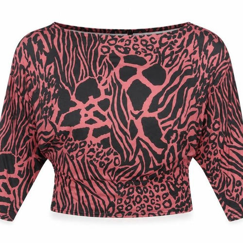 Lipsy Women’s Pink Animal Print Cropped Blouse UK 2 Boat Neck