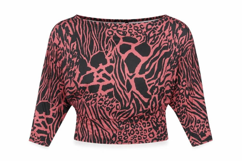 Lipsy Women’s Pink Animal Print Cropped Blouse UK 2 Boat Neck
