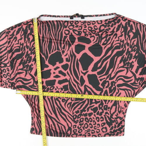 Lipsy Women’s Pink Animal Print Cropped Blouse UK 2 Boat Neck
