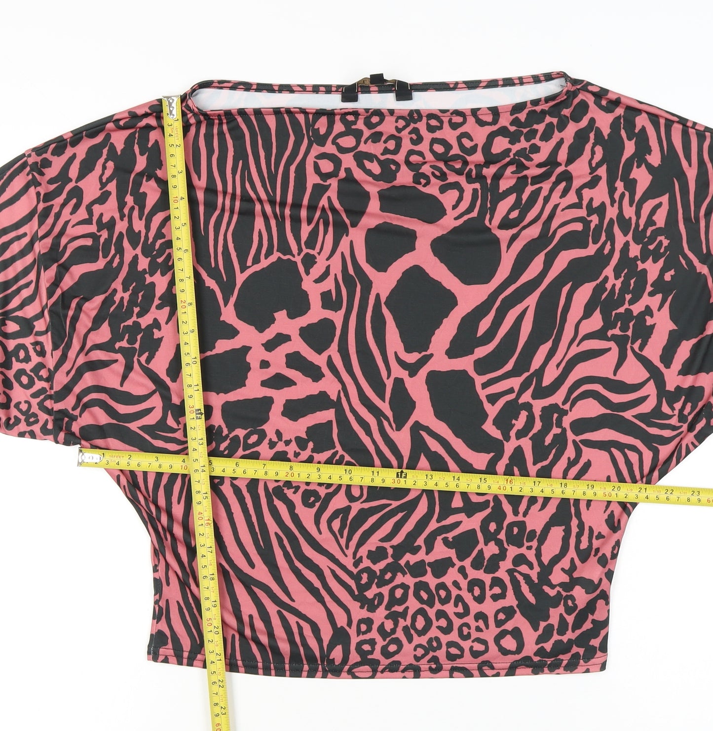 Lipsy Women’s Pink Animal Print Cropped Blouse UK 2 Boat Neck