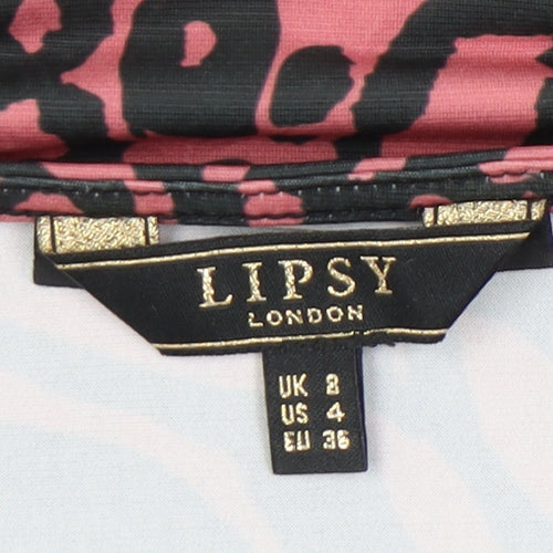 Lipsy Women’s Pink Animal Print Cropped Blouse UK 2 Boat Neck