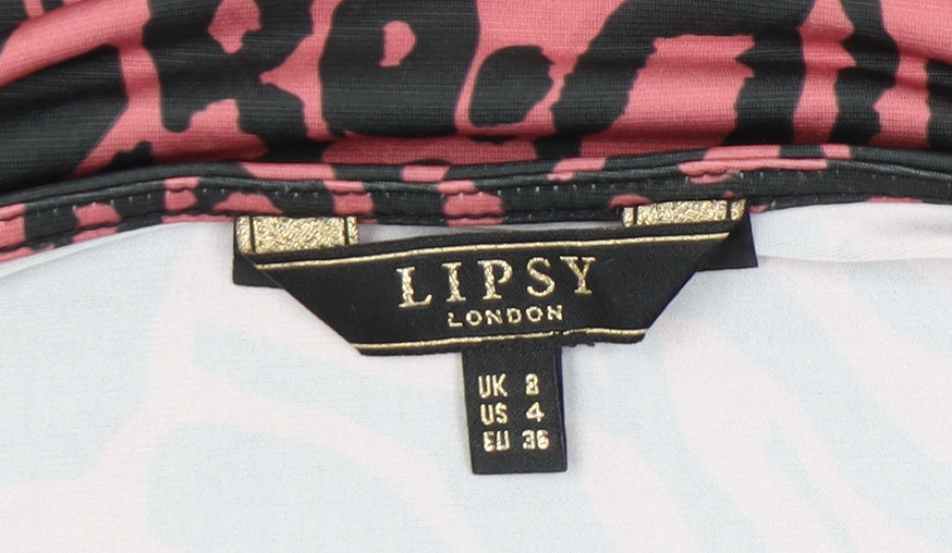Lipsy Women’s Pink Animal Print Cropped Blouse UK 2 Boat Neck