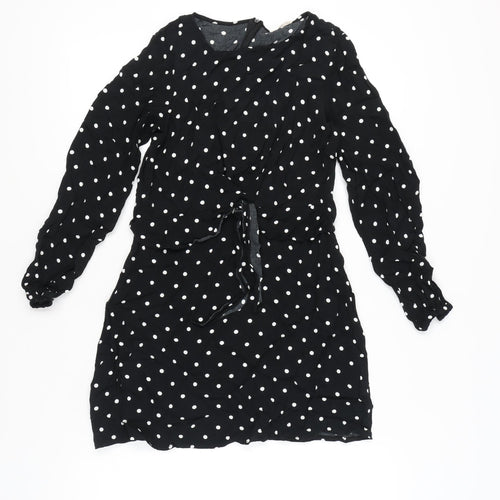 Mango Women Black Polka Dot Shift Dress Size 10 Long Sleeve Short