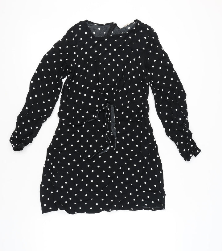 Mango Women Black Polka Dot Shift Dress Size 10 Long Sleeve Short